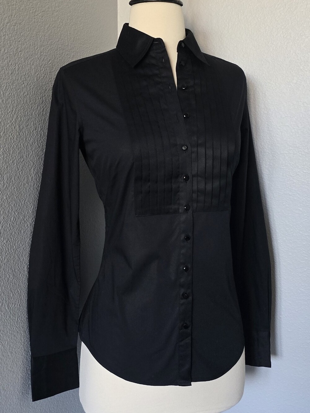 NWT Banana Republic Black Fitted Pintuck Tuxedo Cotton Blouse Button Front Ss 0